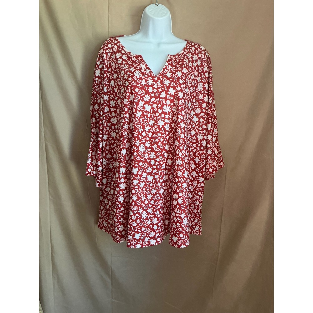SHEIN Floral Tunic Top Womens 5XL Red White Excellent V-Neck 3/4 Sleeve Blouse